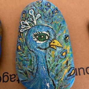 Hand-Painted Blue Peacock Stone for Bird Lovers